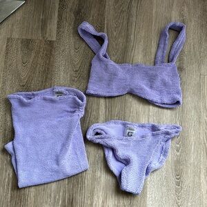 Hunza g 3 piece purple bikini with matching mini skirt set